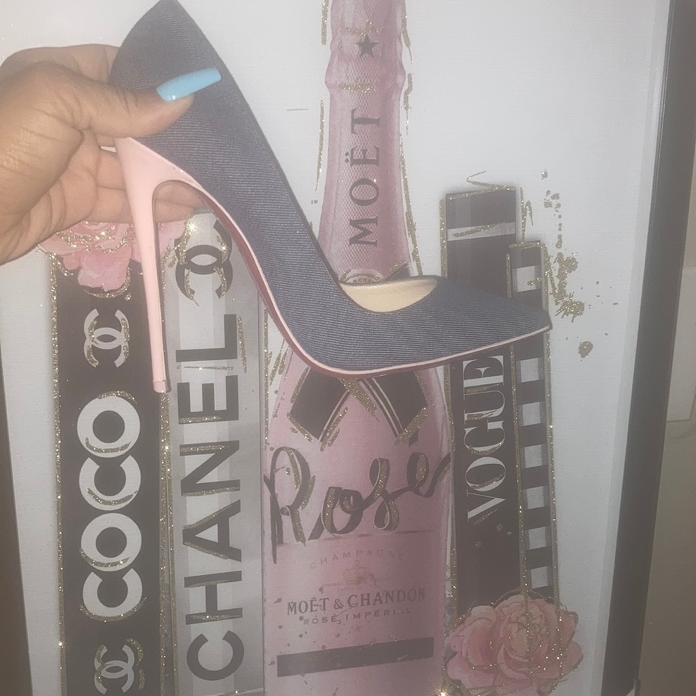Authentic denim Christian Louboutin So Kate pump with baby pink heel!